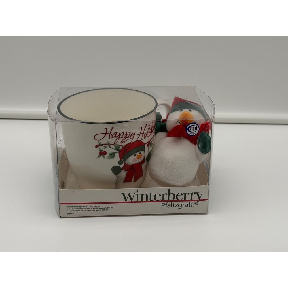 Pfaltzgraff Winterberry 20oz Mug and Snowman Plush Ornament Set Happy Holidays